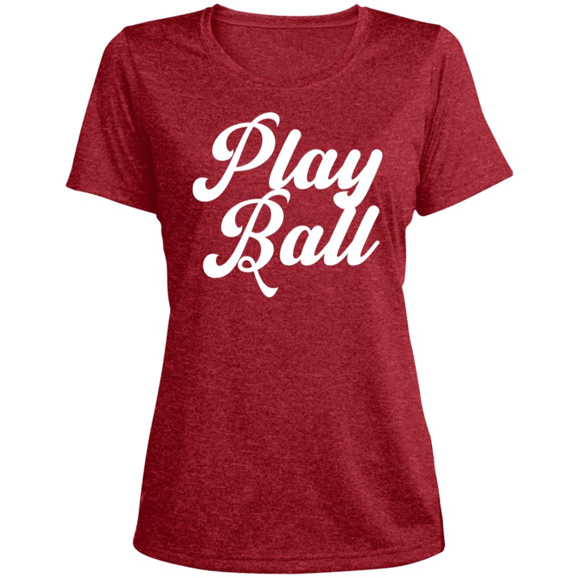 Play Ball script LST360 Ladies' Heather Scoop Neck Performance Tee