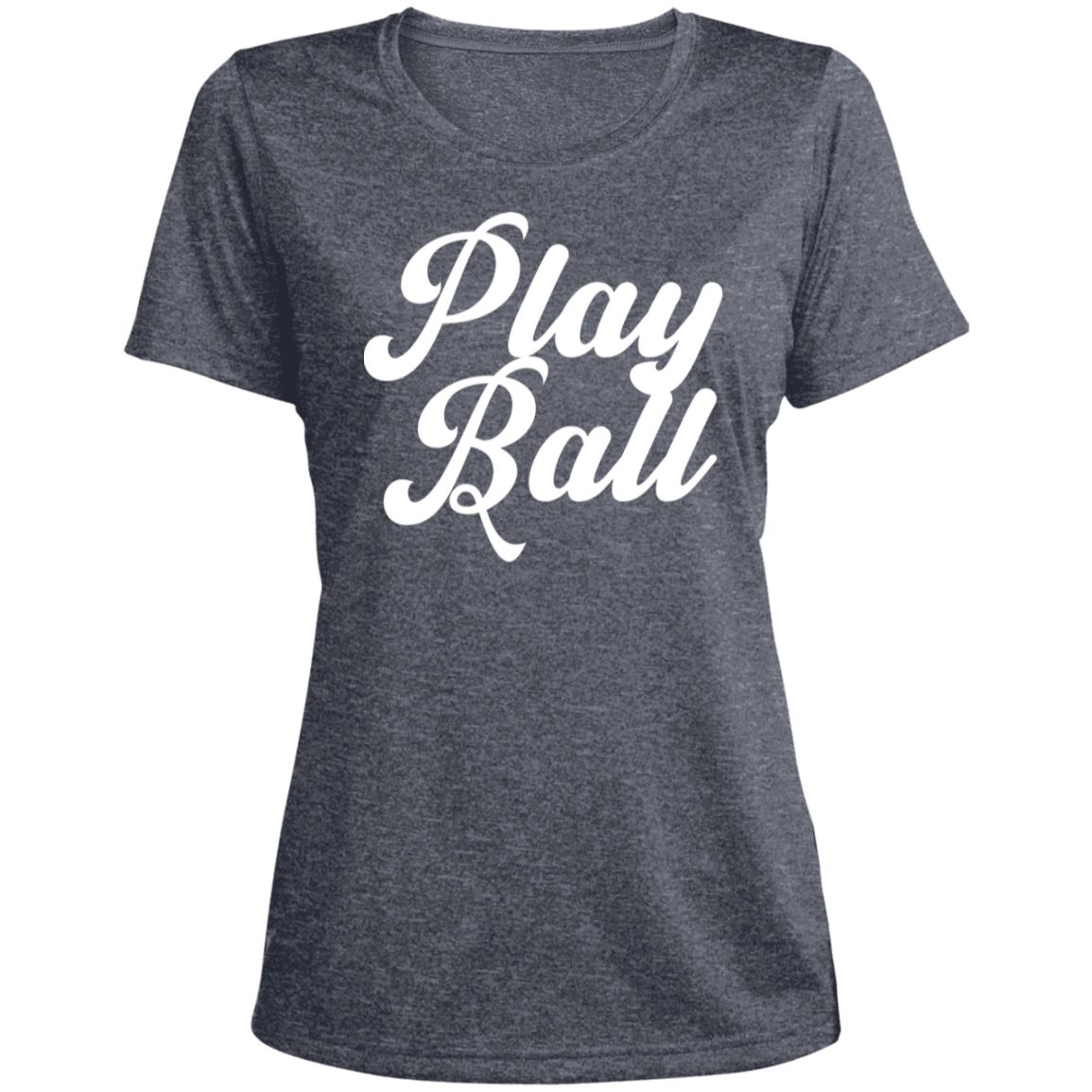 Play Ball script LST360 Ladies' Heather Scoop Neck Performance Tee