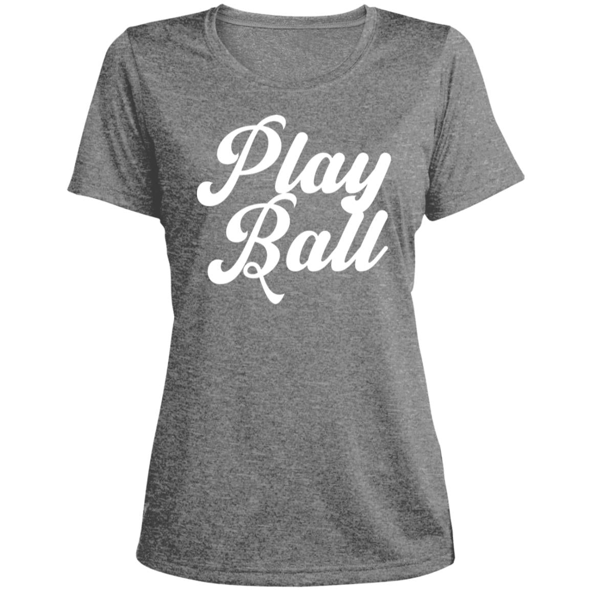 Play Ball script LST360 Ladies' Heather Scoop Neck Performance Tee