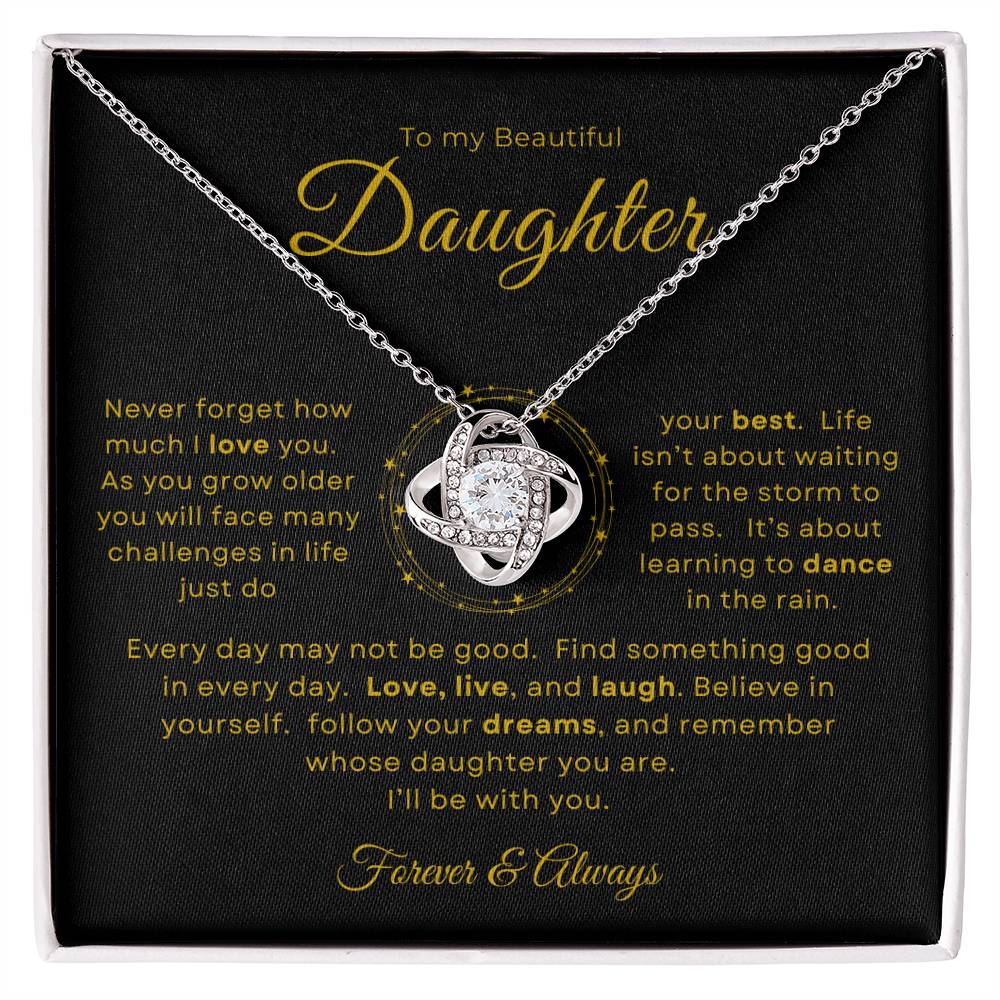 To my Beautiful Daughter Love Knot Pendant - Gold Card