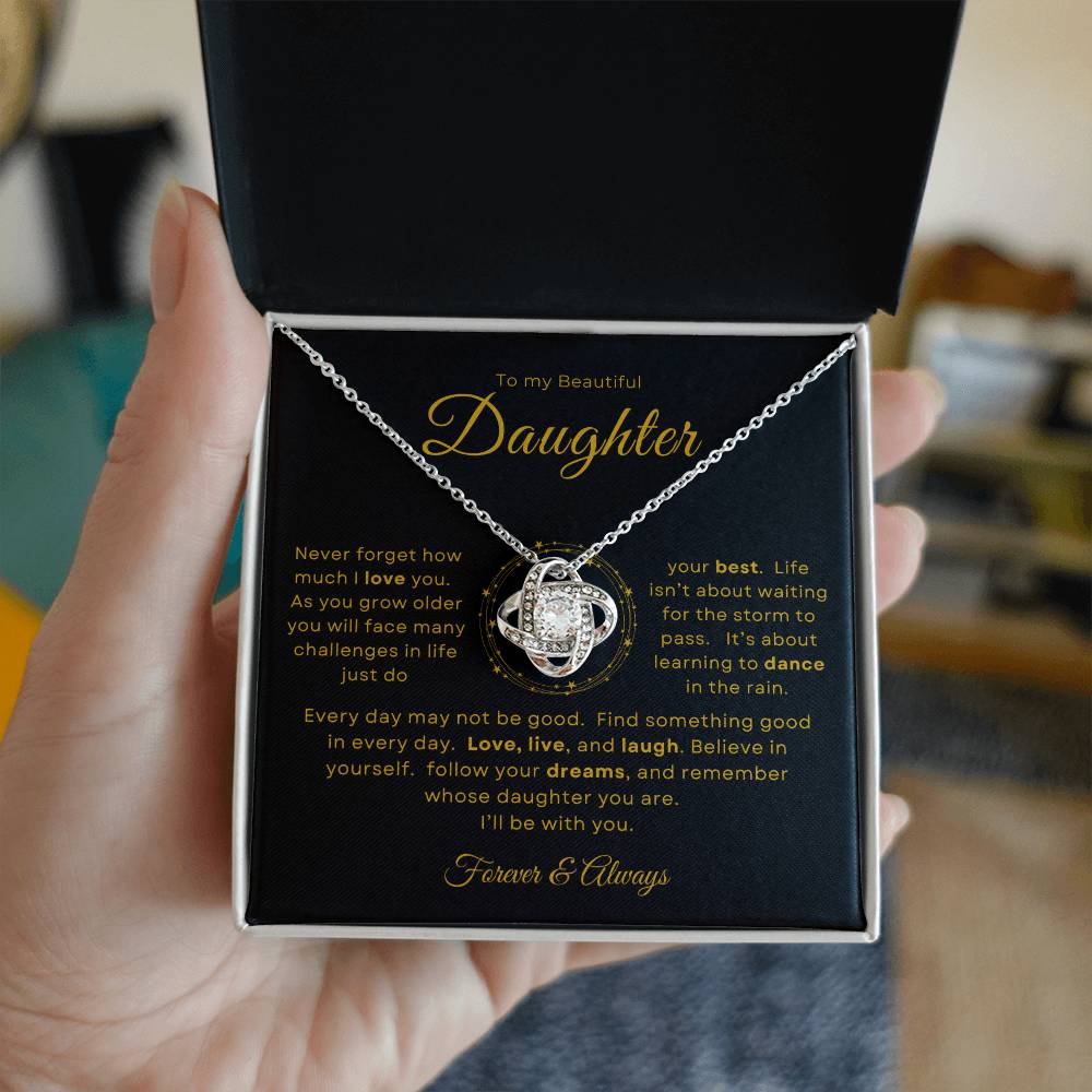 To my Beautiful Daughter Love Knot Pendant - Gold Card