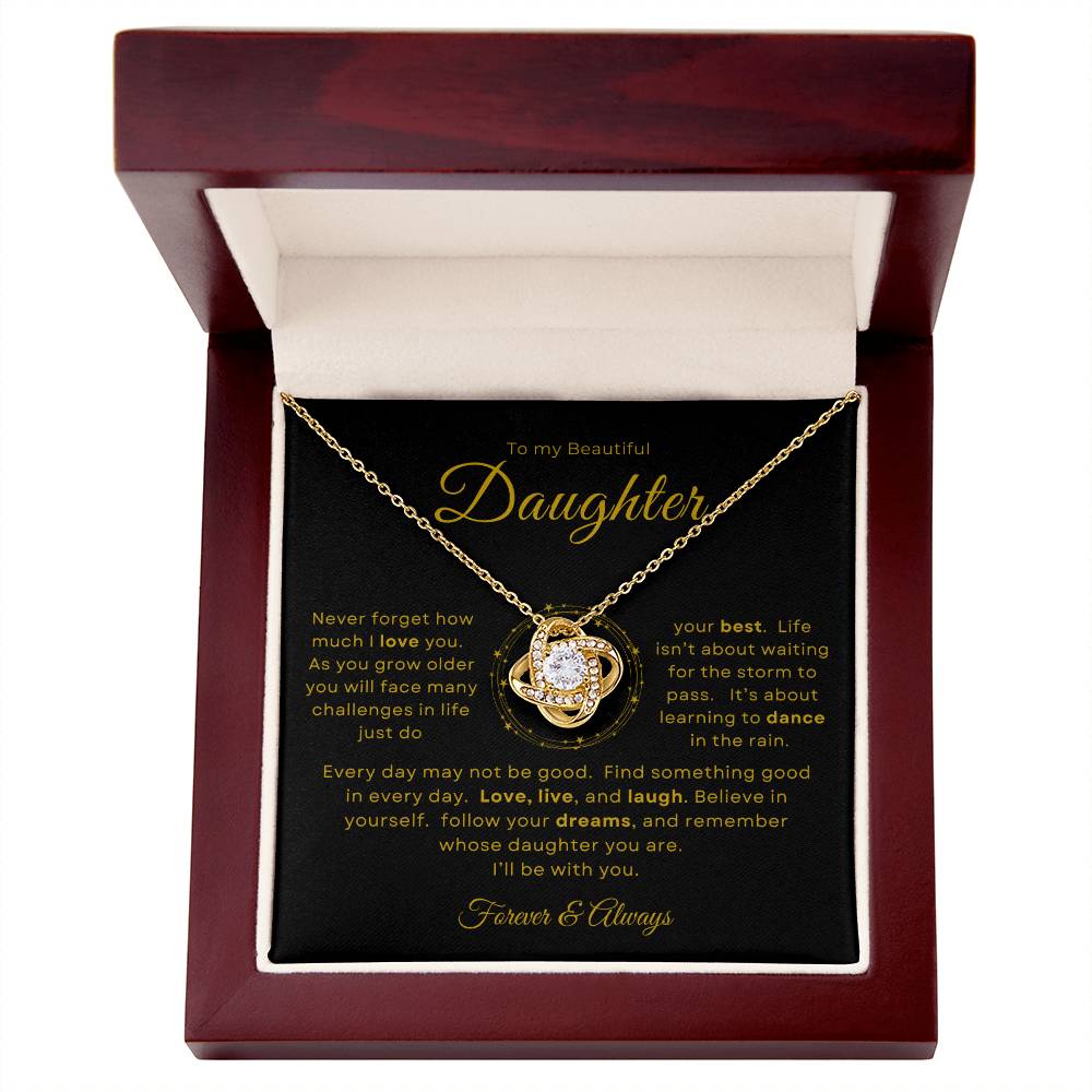 To my Beautiful Daughter Love Knot Pendant - Gold Card