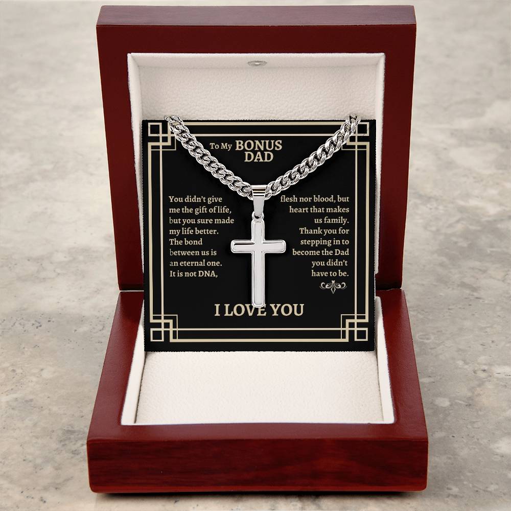 To My Bonus Dad Artisan Cross Necklace