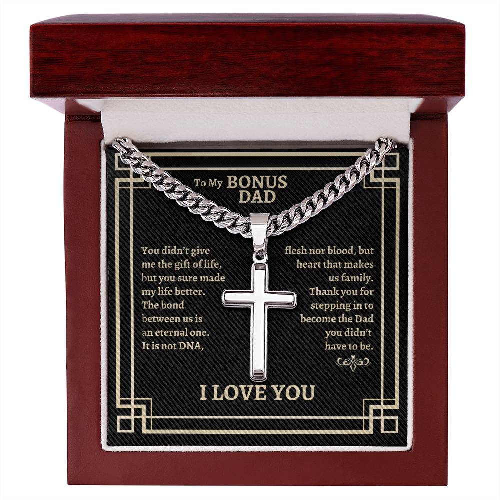 To My Bonus Dad Artisan Cross Necklace